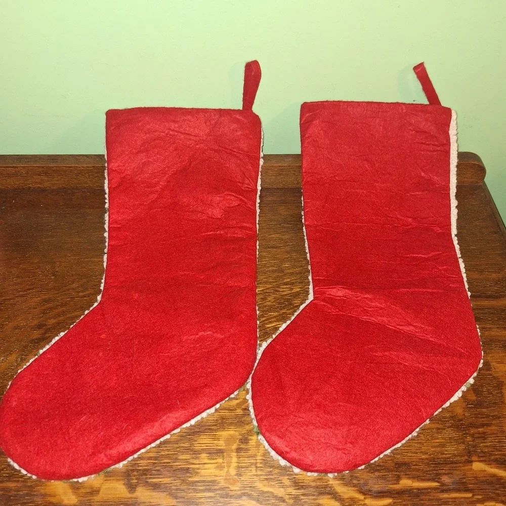 Hook Knit Felt Holly Pom Poinsettia Christmas Stockings Set 2 Botanical Noel